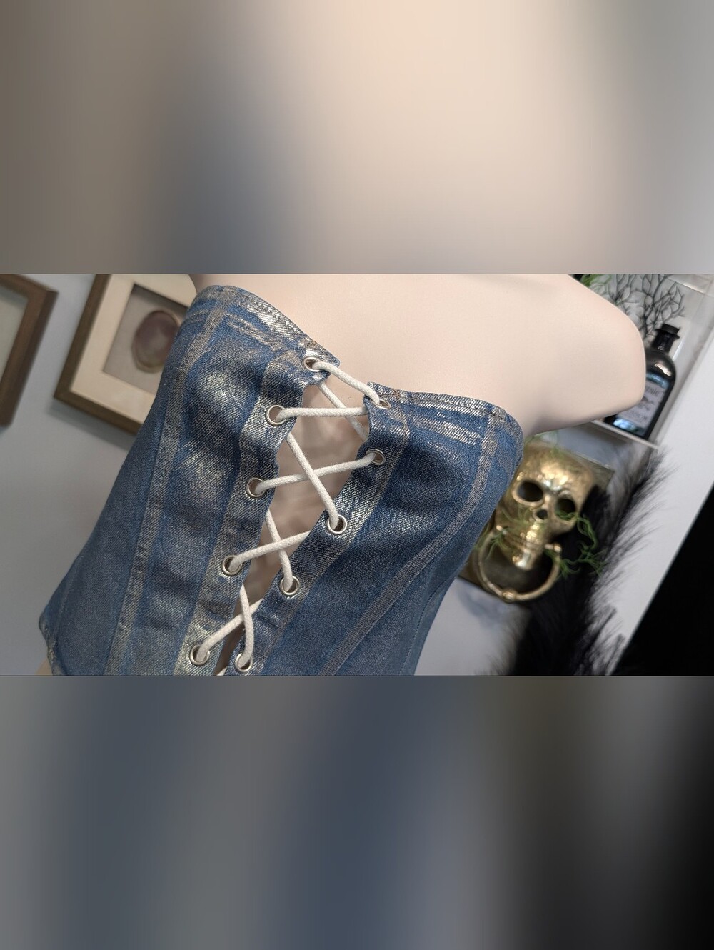 Monkl Shimmer Denim Jean Tube Crop Top MD NWT - Picture 2 of 9